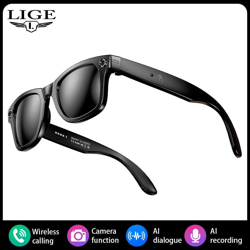 LIGE New Smart AI Camera Glasses Photo Recognition Voice Recording Wireless Bluetooth Call Sports Waterproof Anti-UV Sunglasses