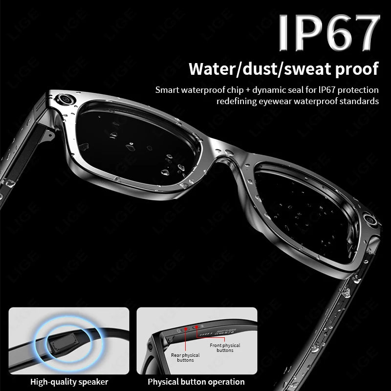 LIGE New Smart AI Camera Glasses Photo Recognition Voice Recording Wireless Bluetooth Call Sports Waterproof Anti-UV Sunglasses