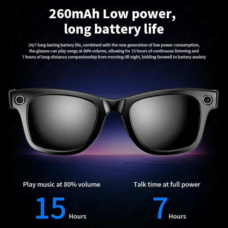 LIGE New 100W Camera Glasses Bluetooth Smart Glasses with Camera Voice Call Music Smart Sunglasses Video Sound Record AI Glasses