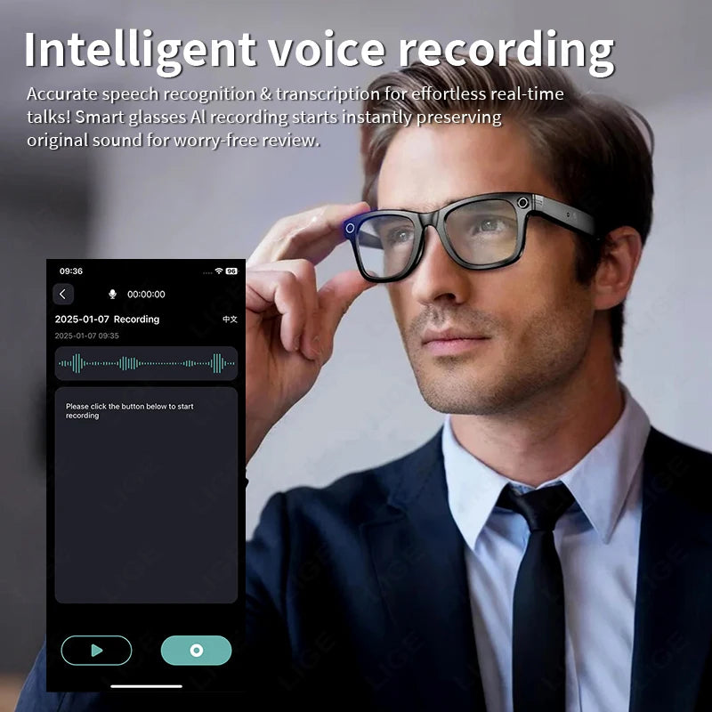LIGE New Smart AI Camera Glasses Photo Recognition Voice Recording Wireless Bluetooth Call Sports Waterproof Anti-UV Sunglasses