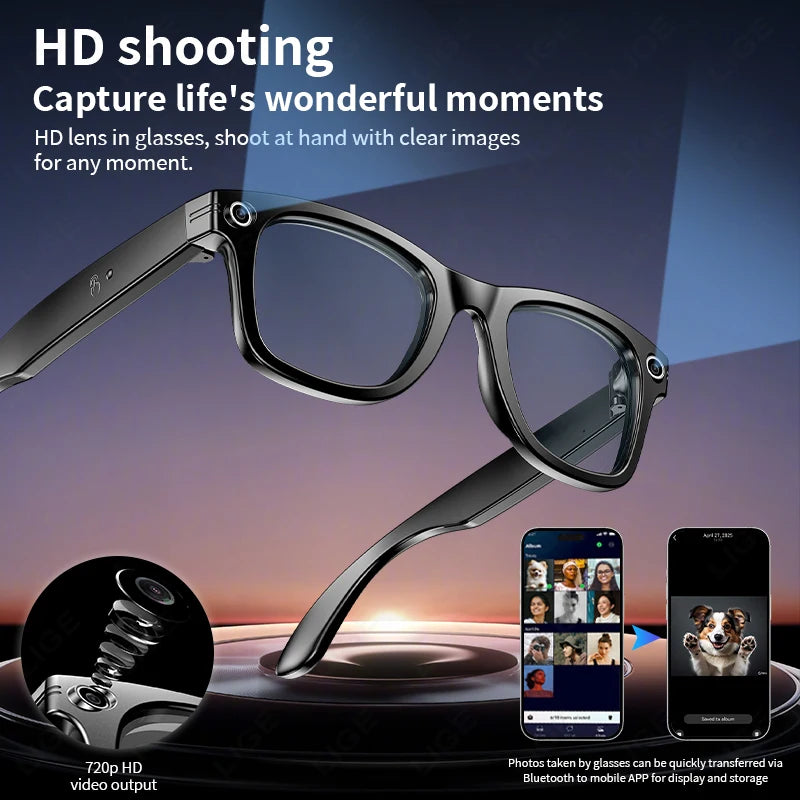 LIGE New Smart AI Camera Glasses Photo Recognition Voice Recording Wireless Bluetooth Call Sports Waterproof Anti-UV Sunglasses