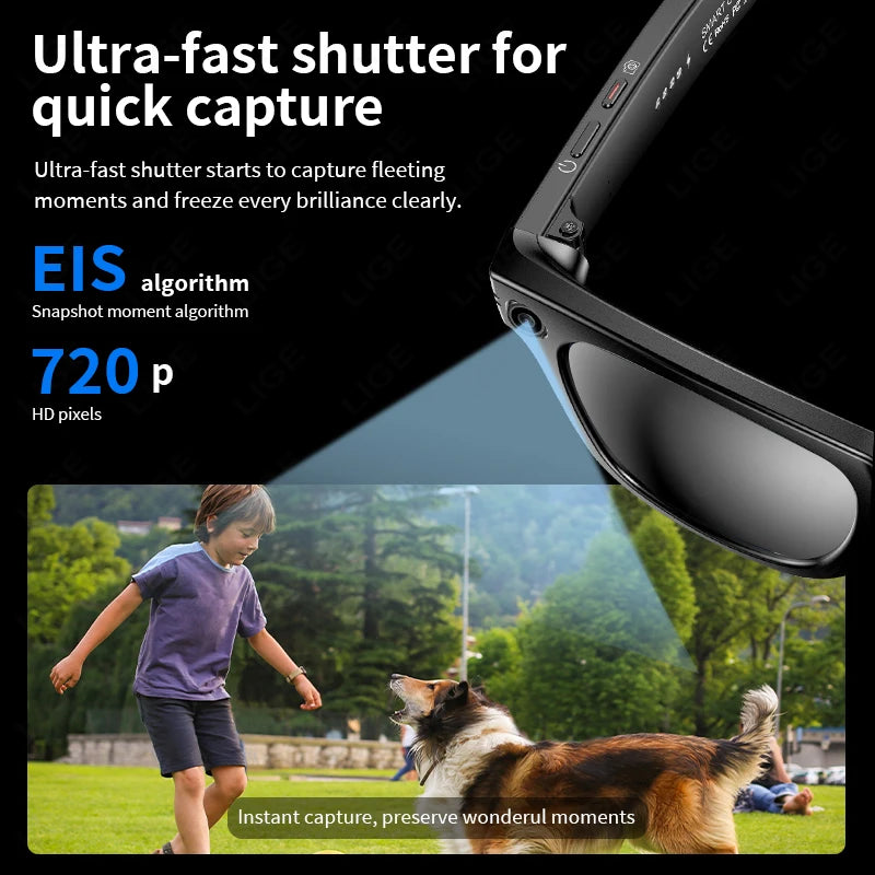 LIGE New 100W Camera Glasses Bluetooth Smart Glasses with Camera Voice Call Music Smart Sunglasses Video Sound Record AI Glasses