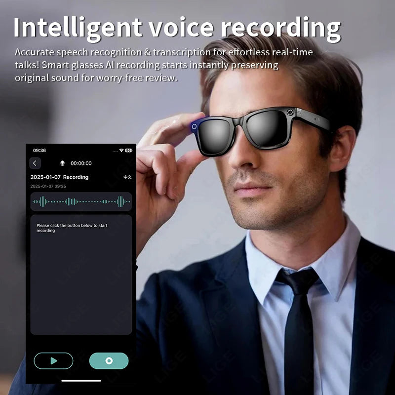 LIGE New 100W Camera Glasses Bluetooth Smart Glasses with Camera Voice Call Music Smart Sunglasses Video Sound Record AI Glasses