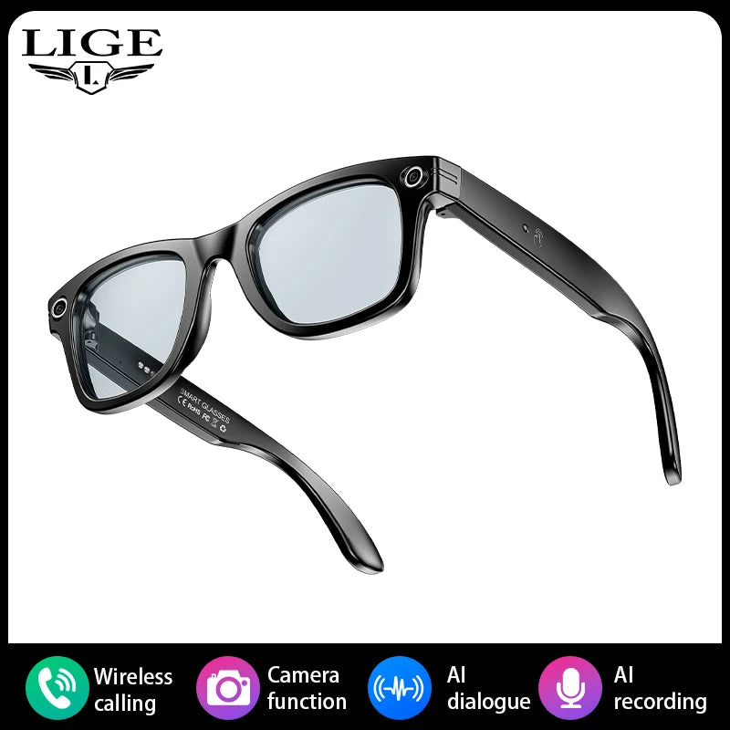 LIGE New Smart AI Camera Glasses Photo Recognition Voice Recording Wireless Bluetooth Call Sports Waterproof Anti-UV Sunglasses